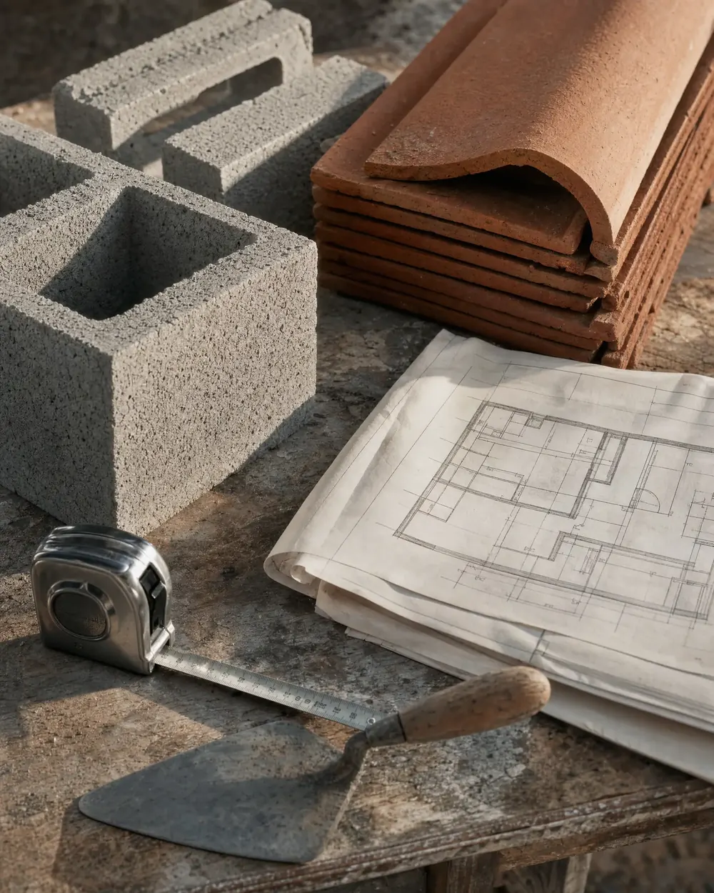Parpaings, tuiles et plan de construction posés sur une table de chantier