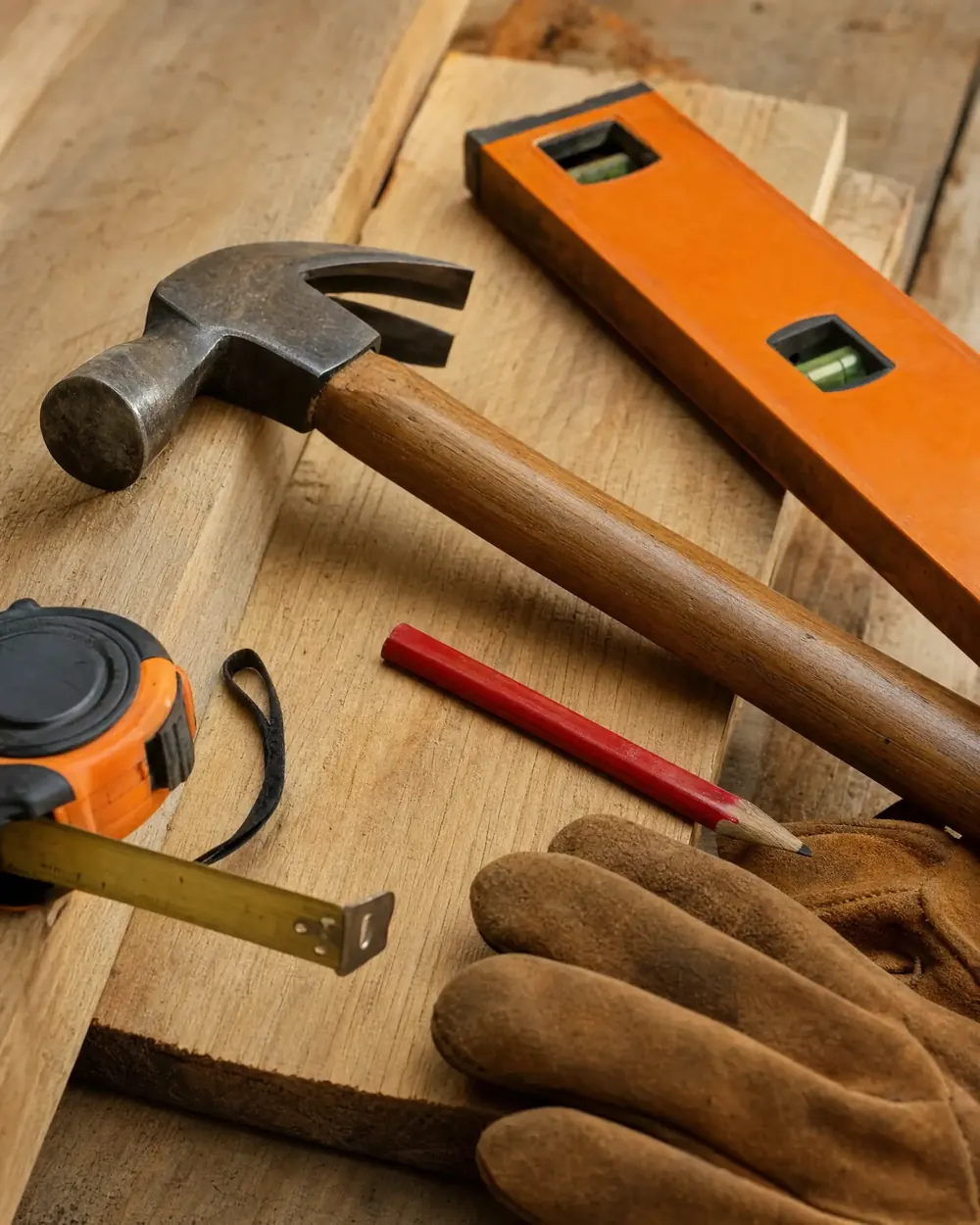 Marteau, niveau, crayon et gants de chantier posés sur des planches